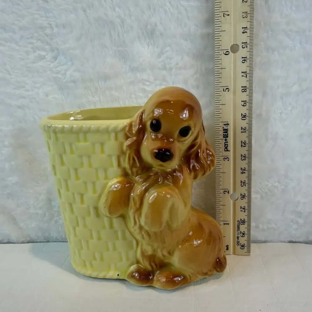 Vintage Royal Copley Planter Vase Brown Cocker Spaniel & Yellow Basket 5” Glaze